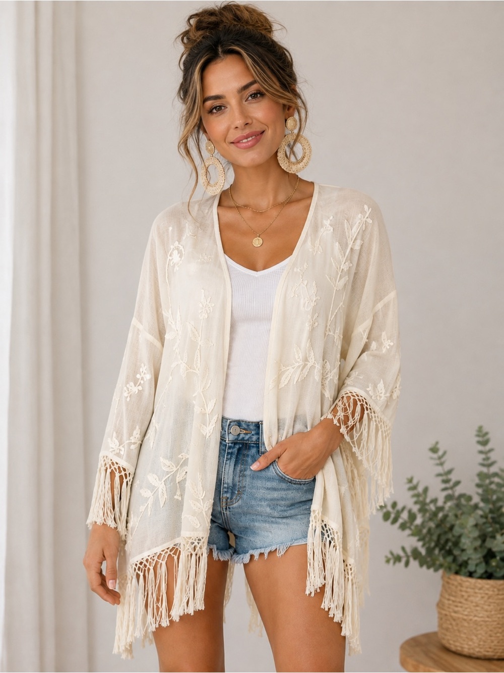 Chelsea & Violet Cream Embroidered Fringe Cardigan Boho Open Front Cotton M